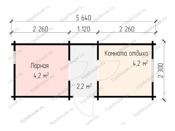 Планировка - Баня 5,6 на 2,3 метра с парной на шестерых, комнатой отдыха и раздевалкой