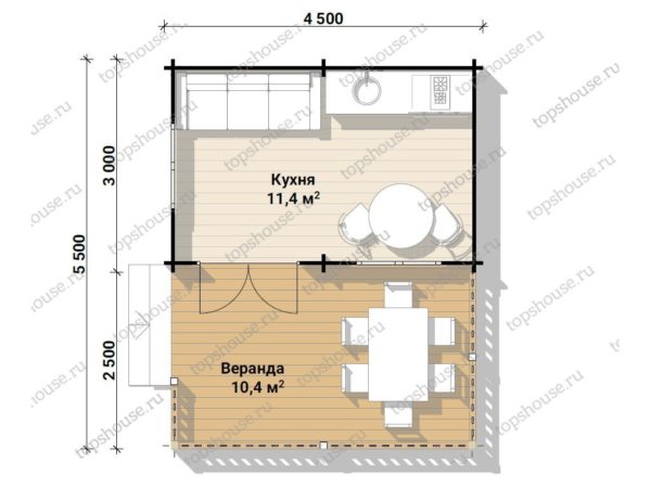 Планировка - Одноэтажный гостевой дачный дом размерами 4,5х5,5 м.