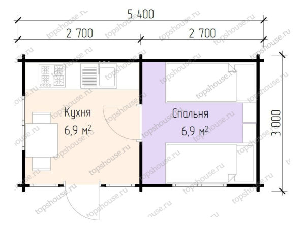 Планировка - Дачный дом 5,4 на 3,0 из двух симметрично расположенных комнат одинакового размера в 7 кв.м.