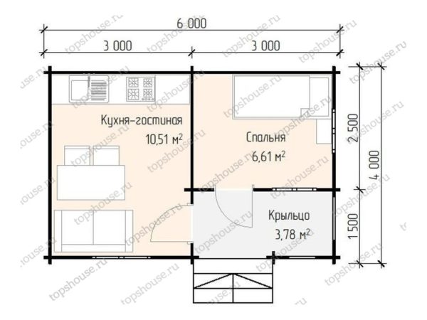 Планировка - Дачный дом 6м на 4м площадью 24 квм с кухней-гостиной и спальней.