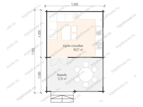 Планировка - Летняя кухня 7,0 на 5,0 метров с открытой 13-метровой верандой и закрытым помещением 18 м².