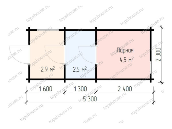 Планировка - Баня 5,3 на 2,3 метра с парной на шестерых, помывочной и раздевалкой