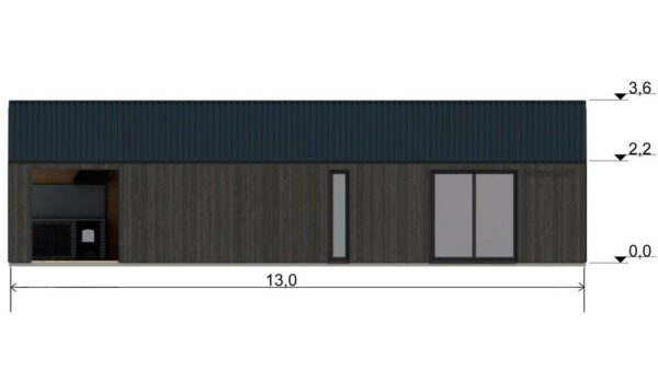 Фасад - Одноэтажный барнхаус 8 на 13 с двумя спальнями и большой гостиной.