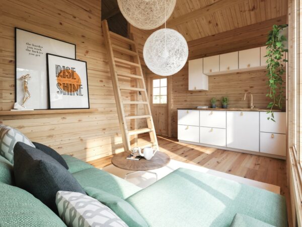 Интерьер - проект Одноэтажный дачный лофт дом VASAST из минибруса 36 квм размерами 4,5 на 6 с кухней-гостиной и 2 спальнями