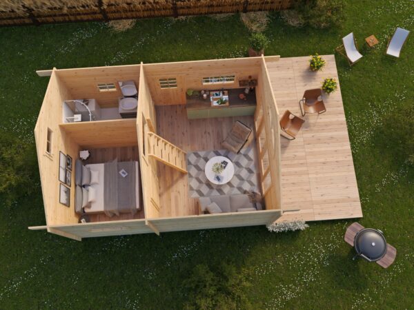 Планировка - проект Одноэтажный дачный дом из минибруса 36 квм размерами 4,5 на 6 с двумя спальнями, антресолью и террасой