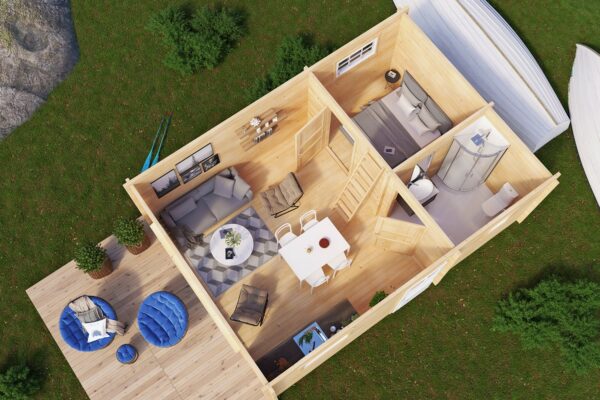 Планировка - проект Одноэтажный дачный дом из минибруса 36 квм размерами 4,5 на 6 с двумя спальнями, антресолью и террасой