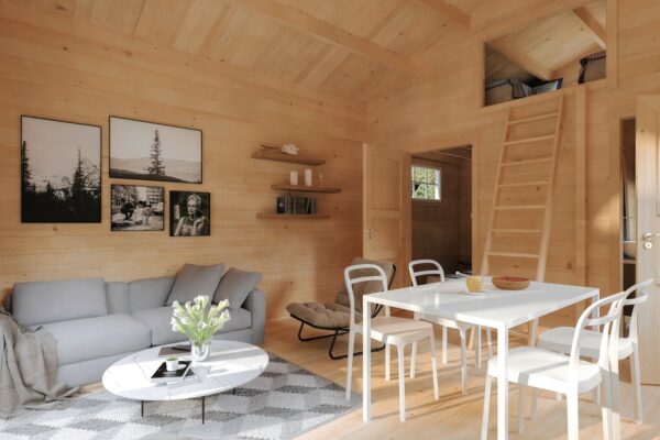 Интерьер - проект Одноэтажный дачный дом из минибруса 36 квм размерами 4,5 на 6 с двумя спальнями, антресолью и террасой
