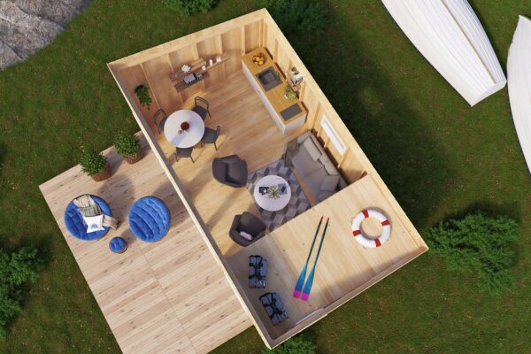 Планировка - проект Одноэтажный дачный лофт дом из минибруса 32 квм размерами 4 на 6 с большой кухней-гостиной